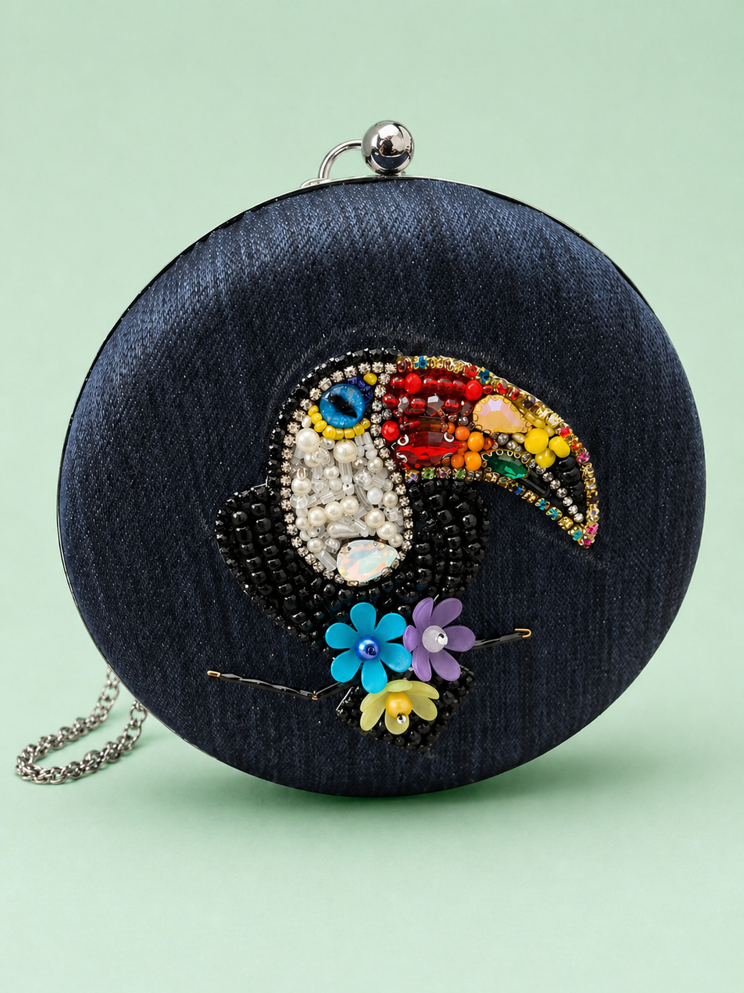 Navy Blue Round Toucan Beaded Denim Bag