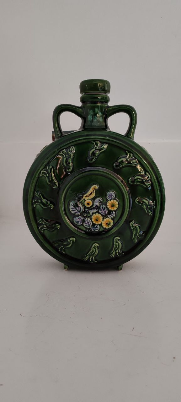 DĆSİM Special Prize Ceramic Waterbottle ā Handcrafted Green Flask with Bird and Floral Reliefs