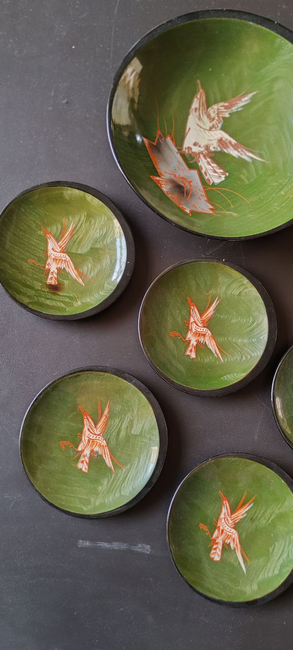 Japanese Hand-Painted Lacquered Sake Dishes - Set of 6