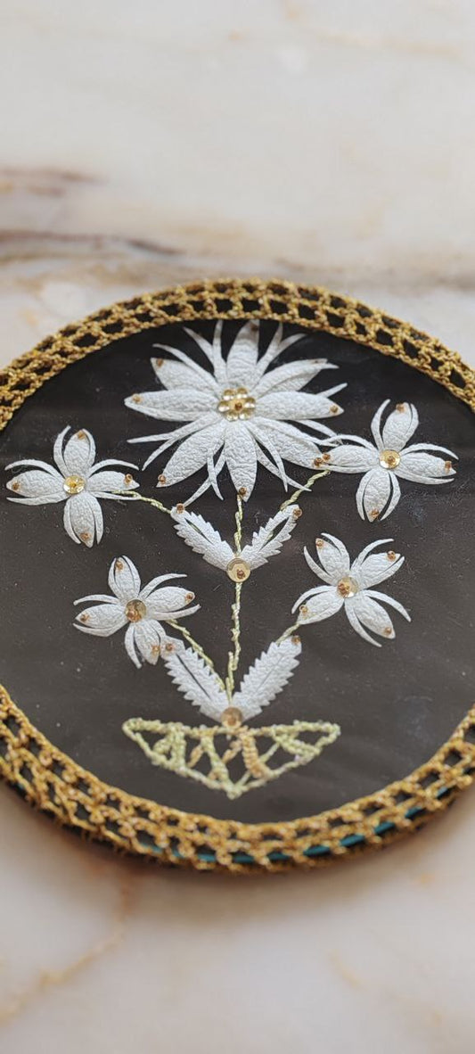 Handmade Embroidered Floral Textile Panel with Leather Base – 19 cm