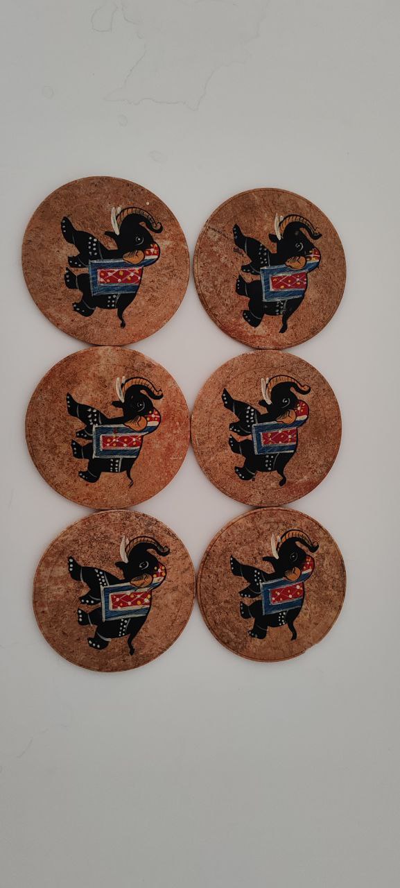 Set of 6 Hand-Painted Soapstone Coasters – Elephant & Goat Motifs – 9 cm