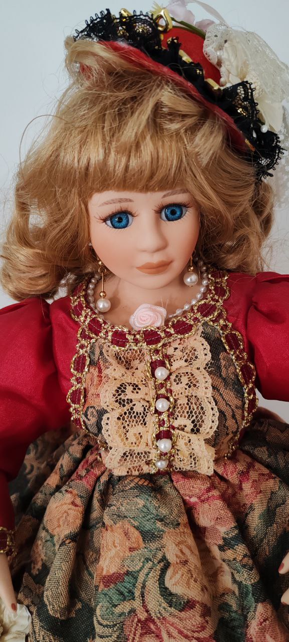 Royal-Inspired Porcelain Doll in Red Floral Dress – 43 cm