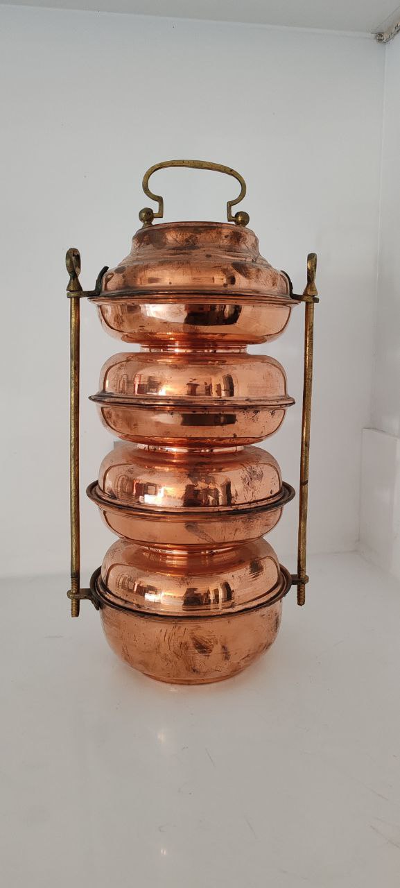 Vintage 4-Tier Copper Tiffin Carrier with Brass Handle and Lock