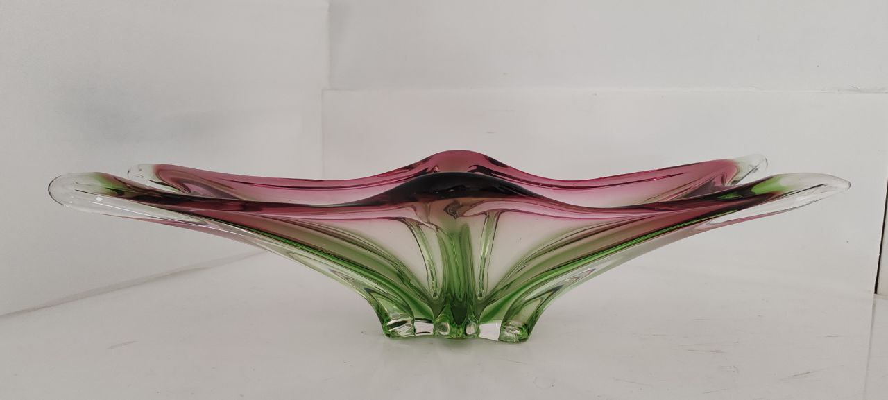 Vintage Murano Art Glass Centerpiece – Pink & Green – Starburst Design – Hand-Blown