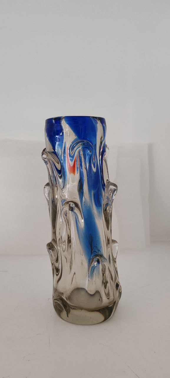 Vintage Murano Art Glass Vase – Blue & Orange Lava Design with Clear Textured Base – Tree Trunk Style