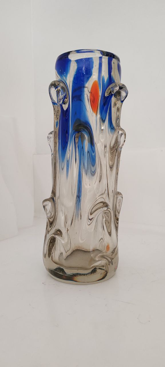Vintage Murano Art Glass Vase – Blue & Orange Lava Design with Clear Textured Base – Tree Trunk Style