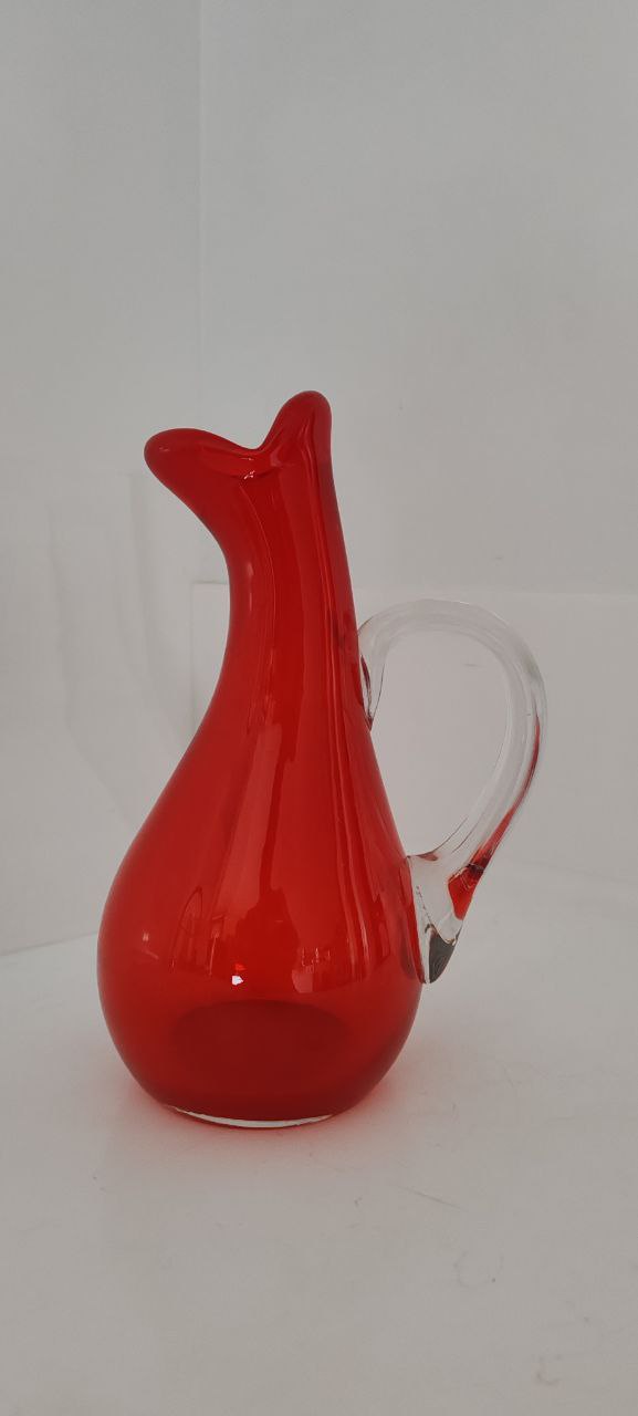 Murano Style Red Art Glass Pitcher with Clear Handle