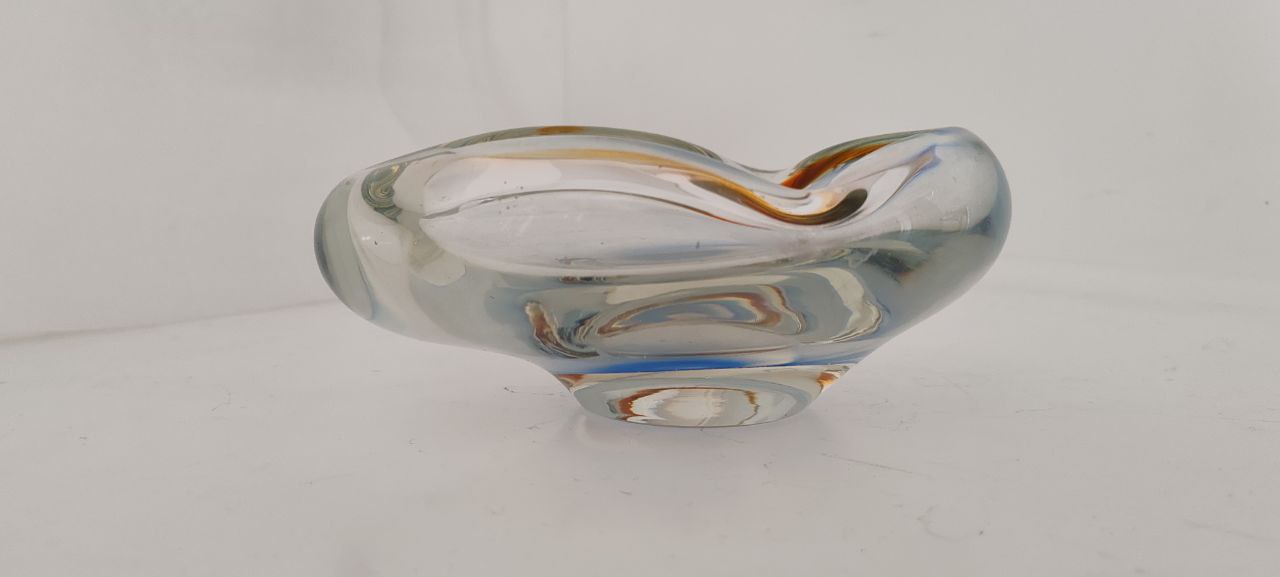 Vintage Murano Freeform Clear Art Glass Bowl with Subtle Amber & Blue Accents – 1960s