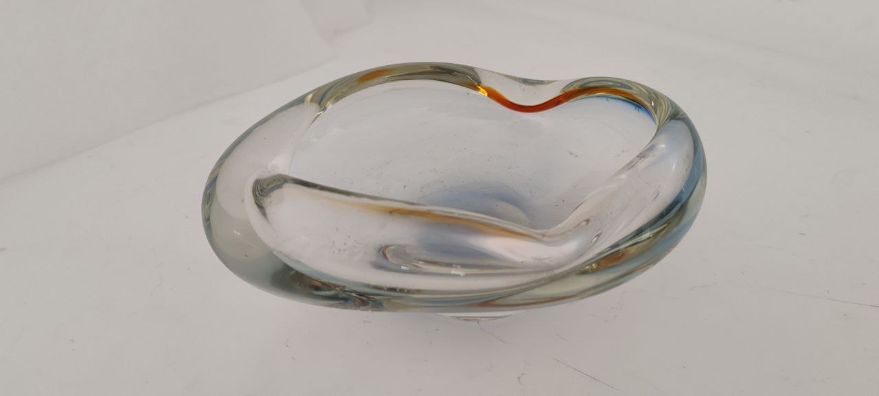 Vintage Murano Freeform Clear Art Glass Bowl with Subtle Amber & Blue Accents – 1960s