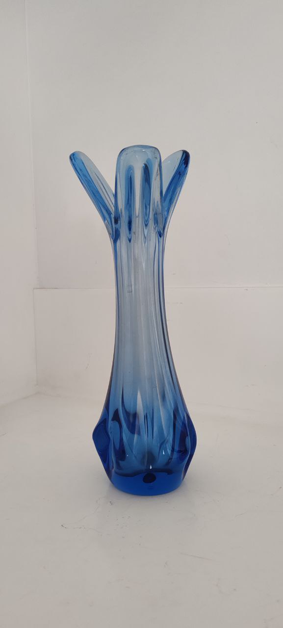 Tall Blue Murano Hand-Blown Vase – Three-Prong Organic Form – 1960s