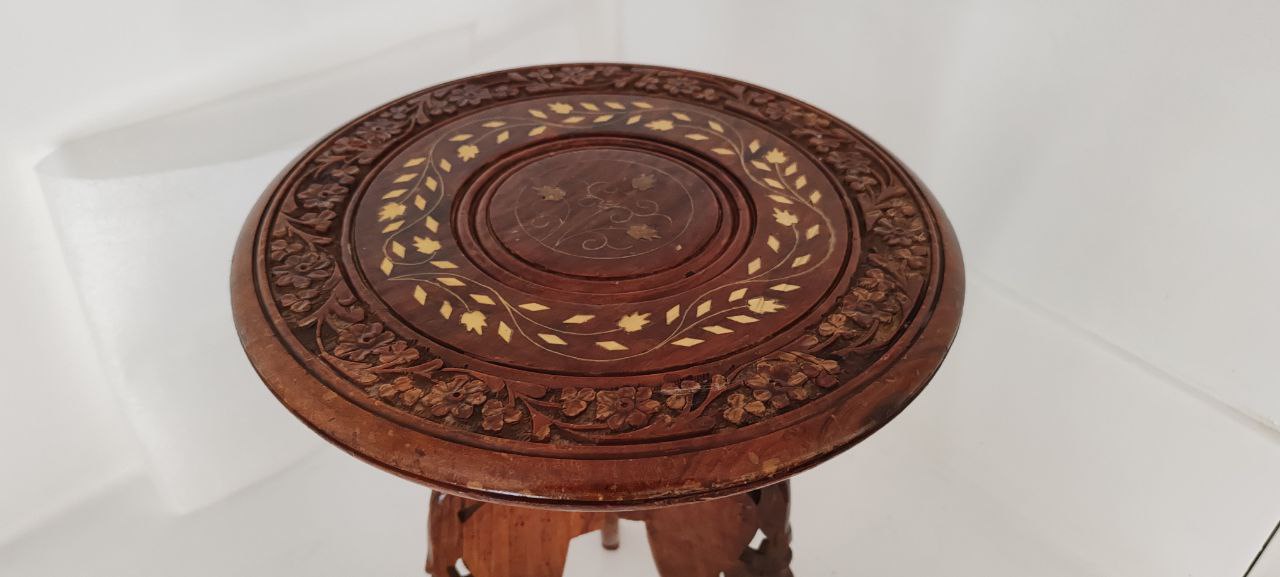 Hand-Carved Folding Wooden Table with Inlay – Indian Craftsmanship