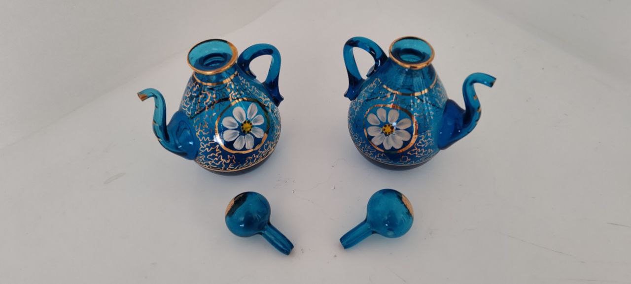 Pair of Hand-Painted Blue Murano-Style Glass Miniature Ewers