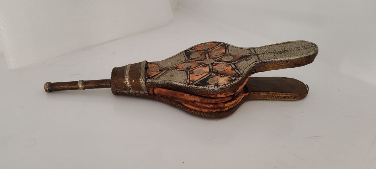 Antique Handcrafted Fireplace Bellows with Metal & Coin Embellishments – 43x16 cm