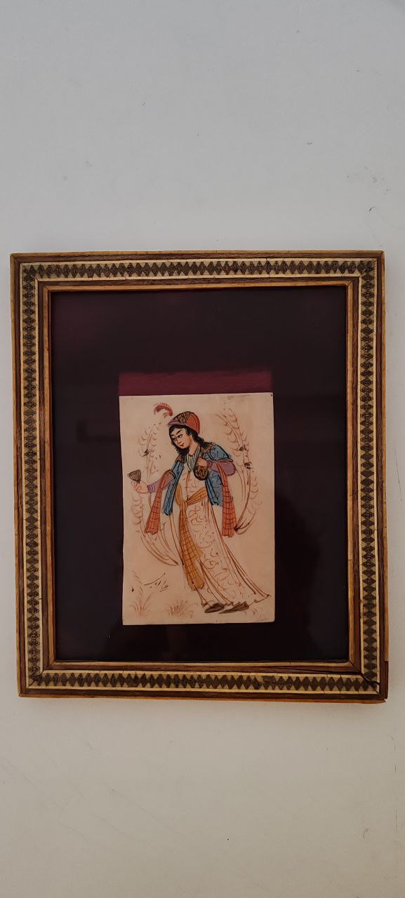 Vintage Persian Miniature of Woman Holding Wine Cup – Signed by H. Ali Sajjadi – Hand-Painted – Framed
