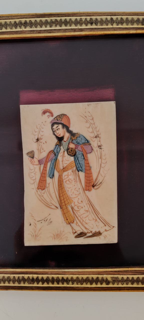 Vintage Persian Miniature of Woman Holding Wine Cup – Signed by H. Ali Sajjadi – Hand-Painted – Framed