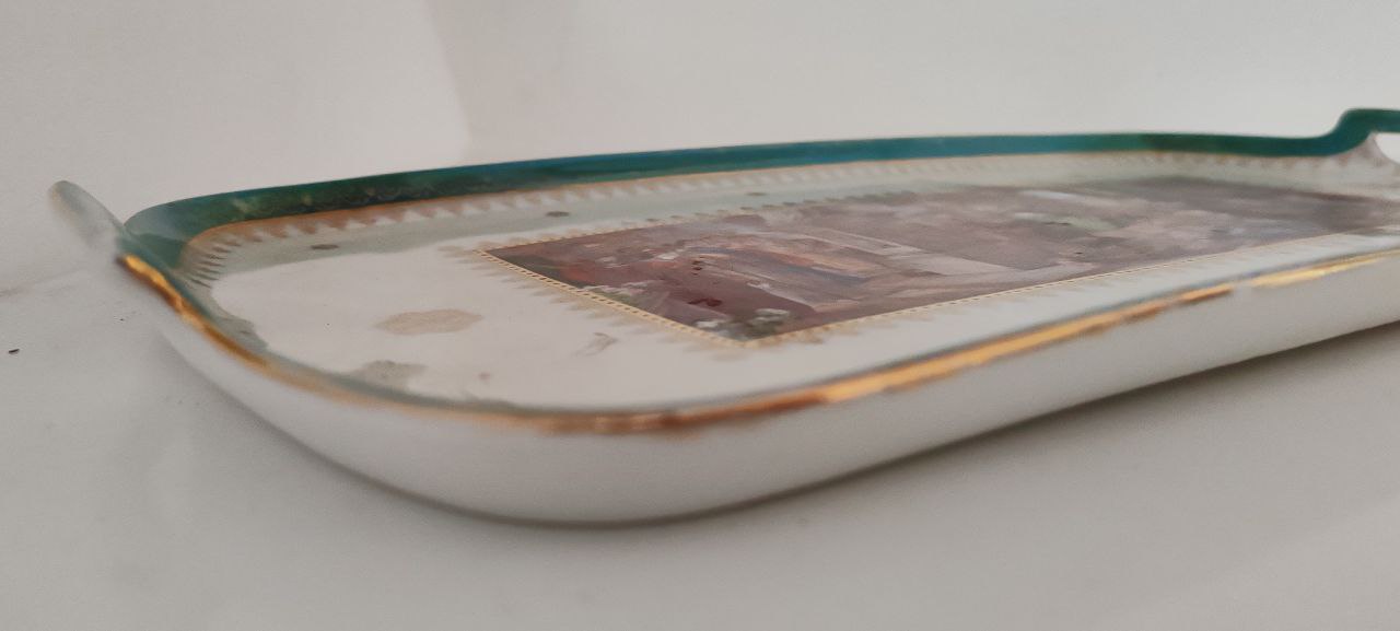 Vintage Karlsbad Porcelain Serving Tray with Classical Scene – Green & Gold Rim – 48 cm