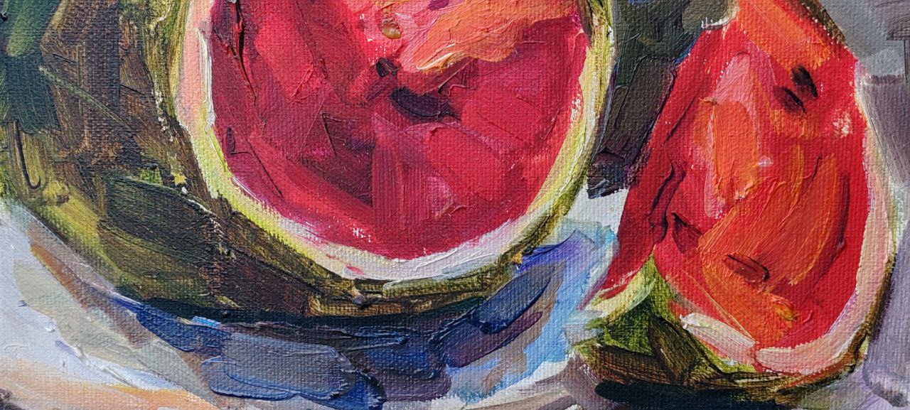 Original Oil Painting by Gülgün Türel – Watermelon Still Life – 24x26 cm