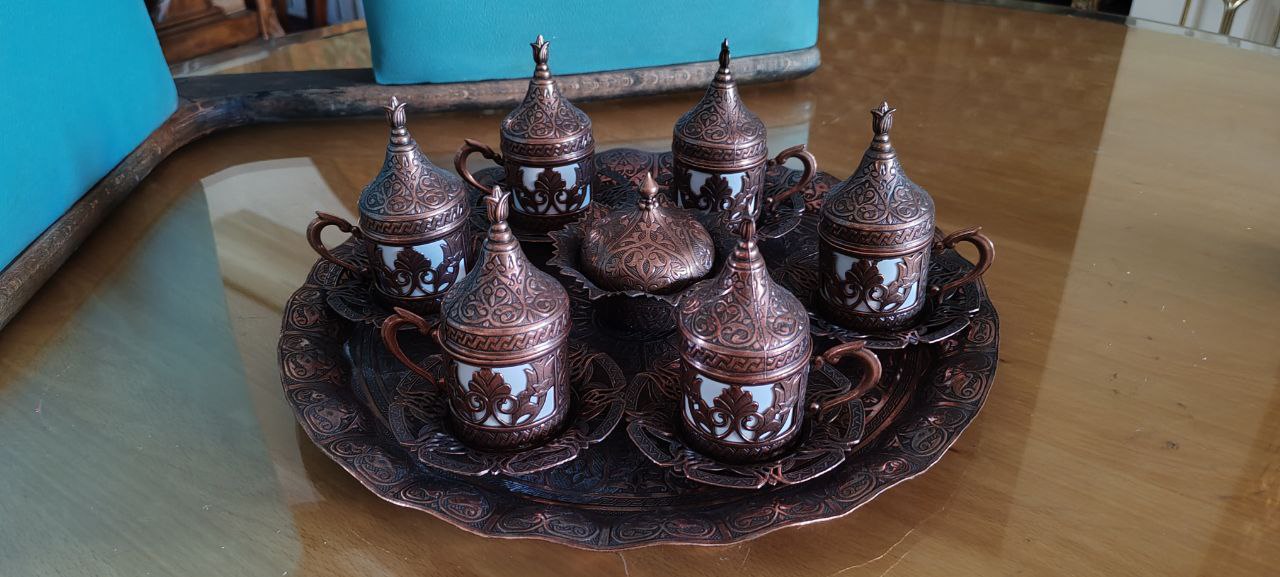 Turkish Copper Coffee Set with 6 Cups and Lokumluk – Made in Turkey