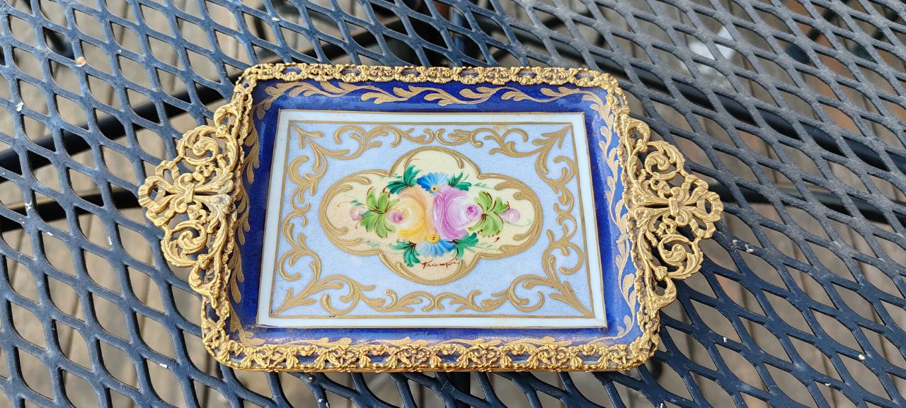 Antique Limoges France Hand Painted Porcelain Tray with Gilded Bronze Handles