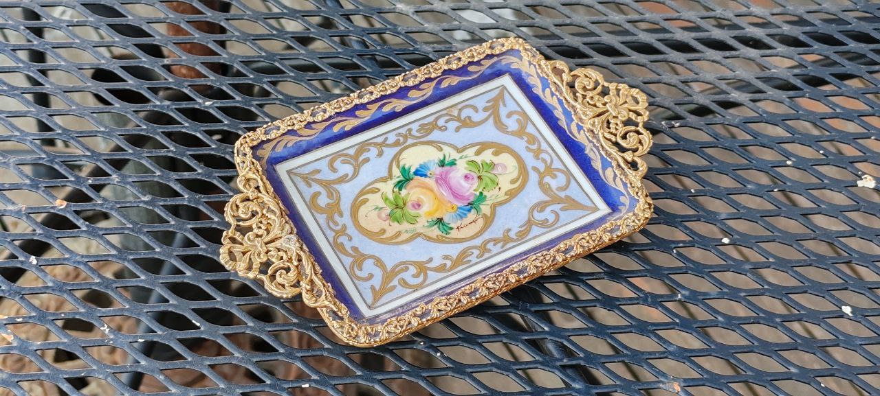 Antique Limoges France Hand Painted Porcelain Tray with Gilded Bronze Handles
