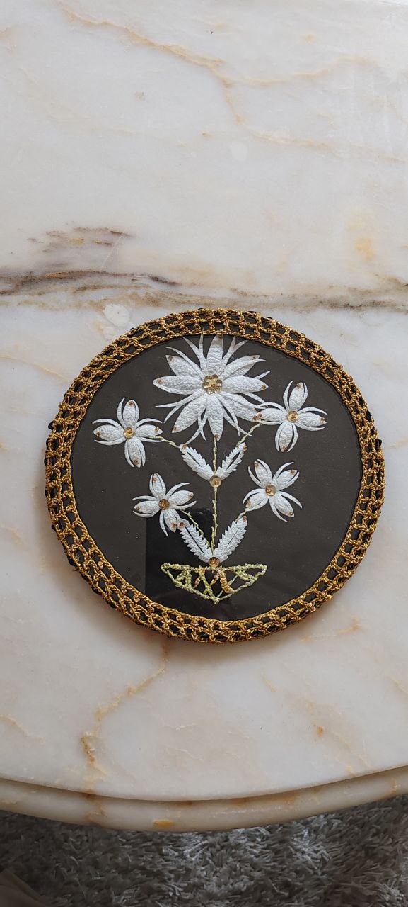 Handmade Embroidered Floral Textile Panel with Leather Base – 19 cm
