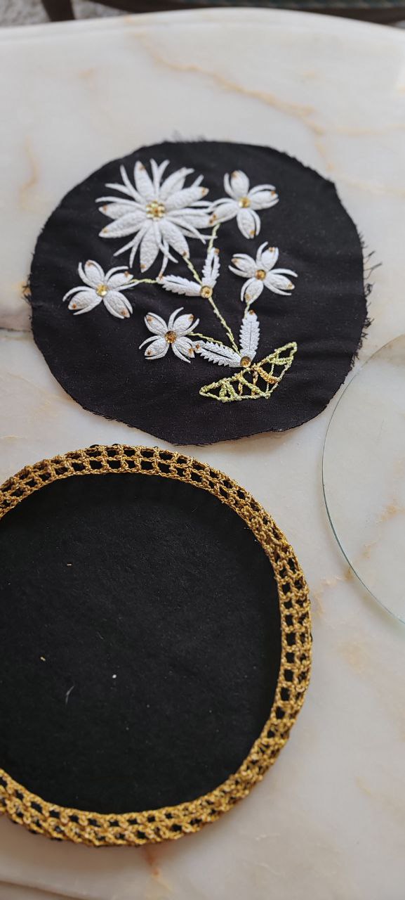 Handmade Embroidered Floral Textile Panel with Leather Base – 19 cm