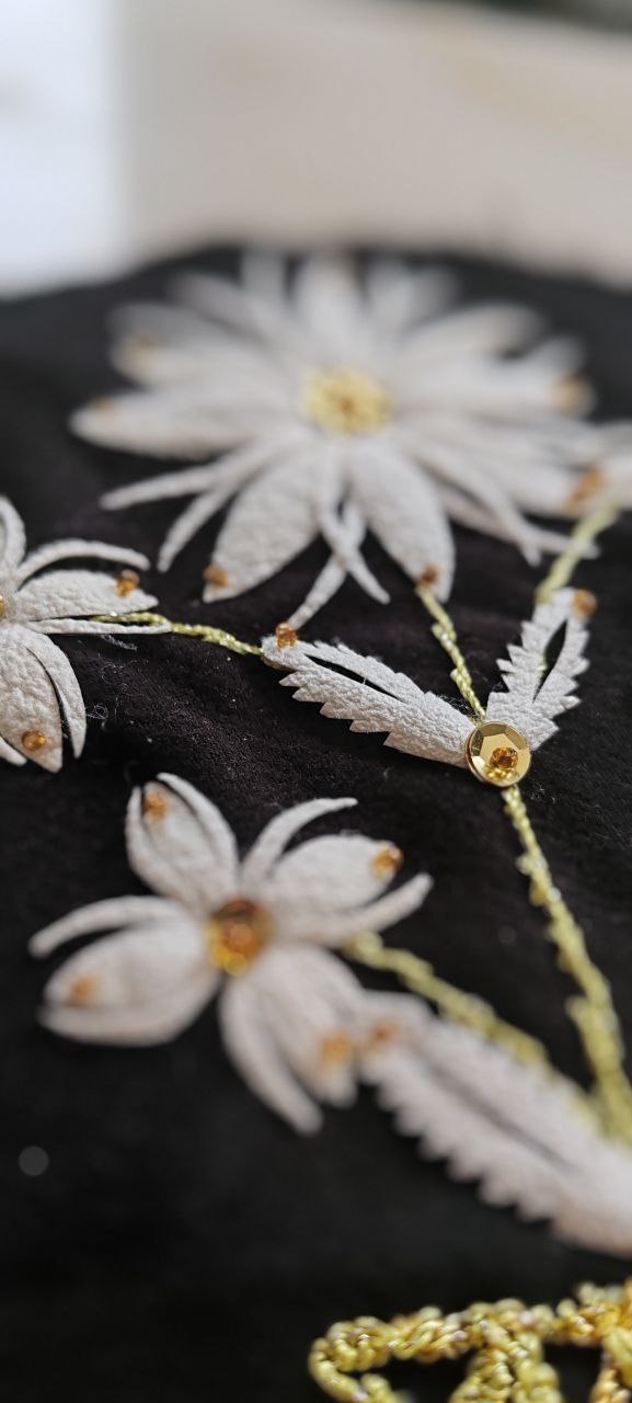 Handmade Embroidered Floral Textile Panel with Leather Base – 19 cm