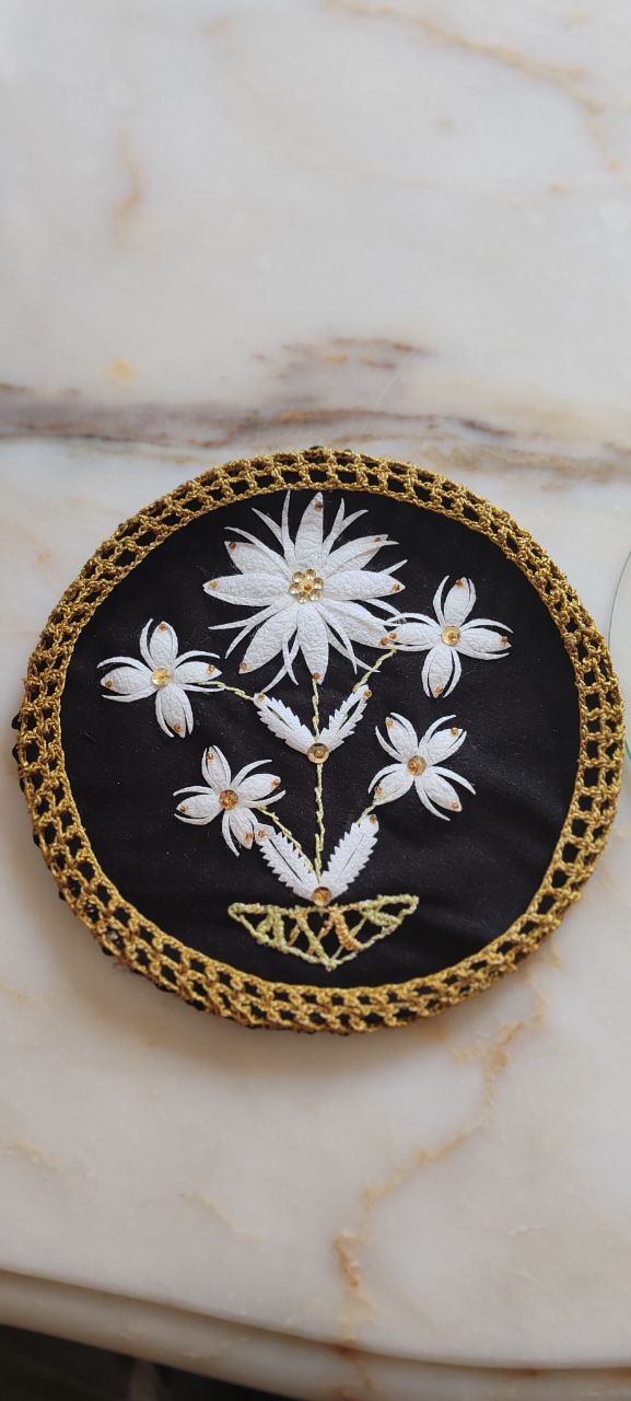 Handmade Embroidered Floral Textile Panel with Leather Base – 19 cm