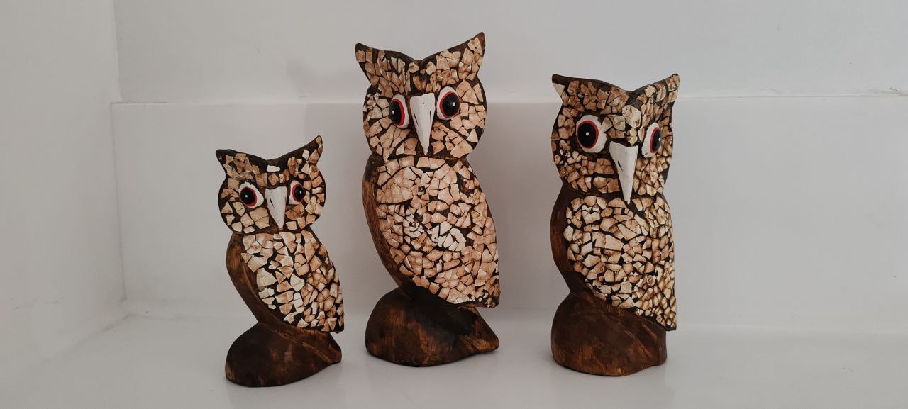 Owl Family Figurine Set – Hand-Carved with Eggshell Mosaic