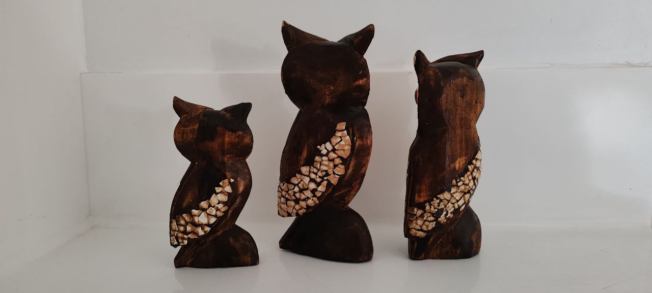 Owl Family Figurine Set – Hand-Carved with Eggshell Mosaic