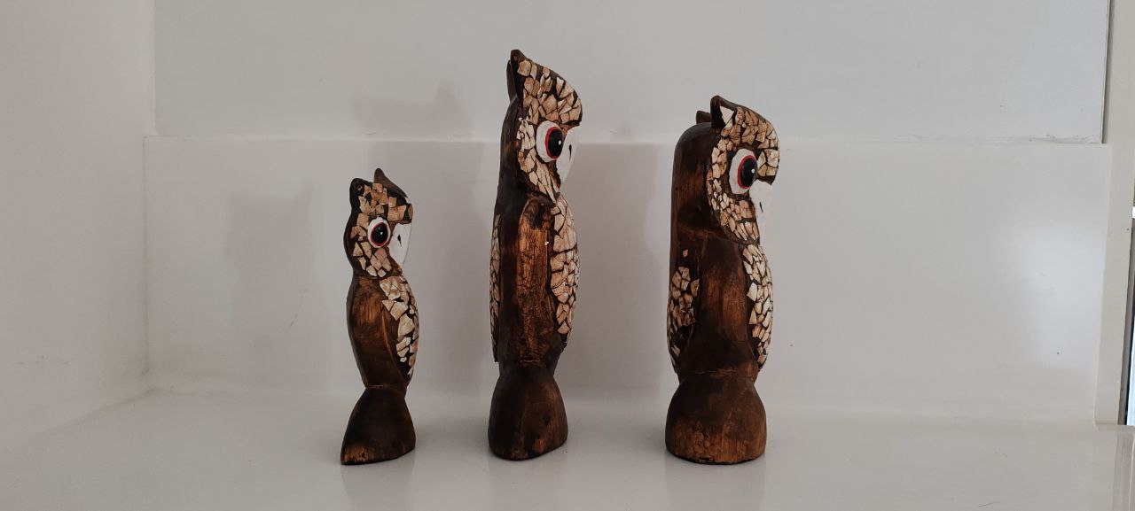 Owl Family Figurine Set – Hand-Carved with Eggshell Mosaic