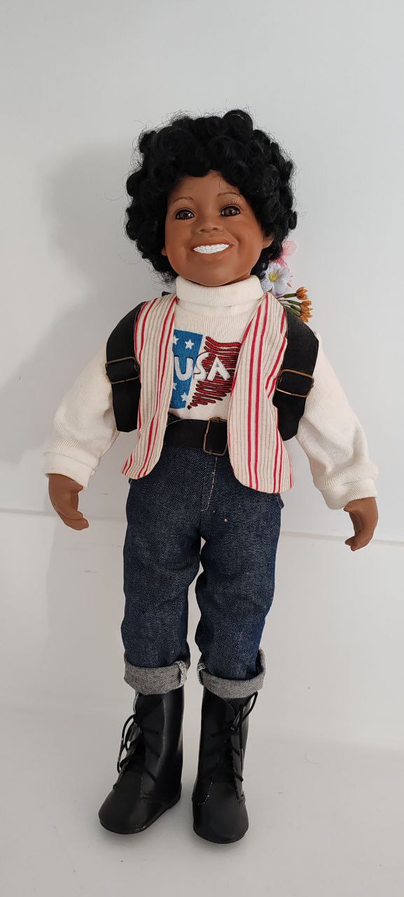 Porcelain Boy Doll with Backpack & Denim Outfit – 44 cm