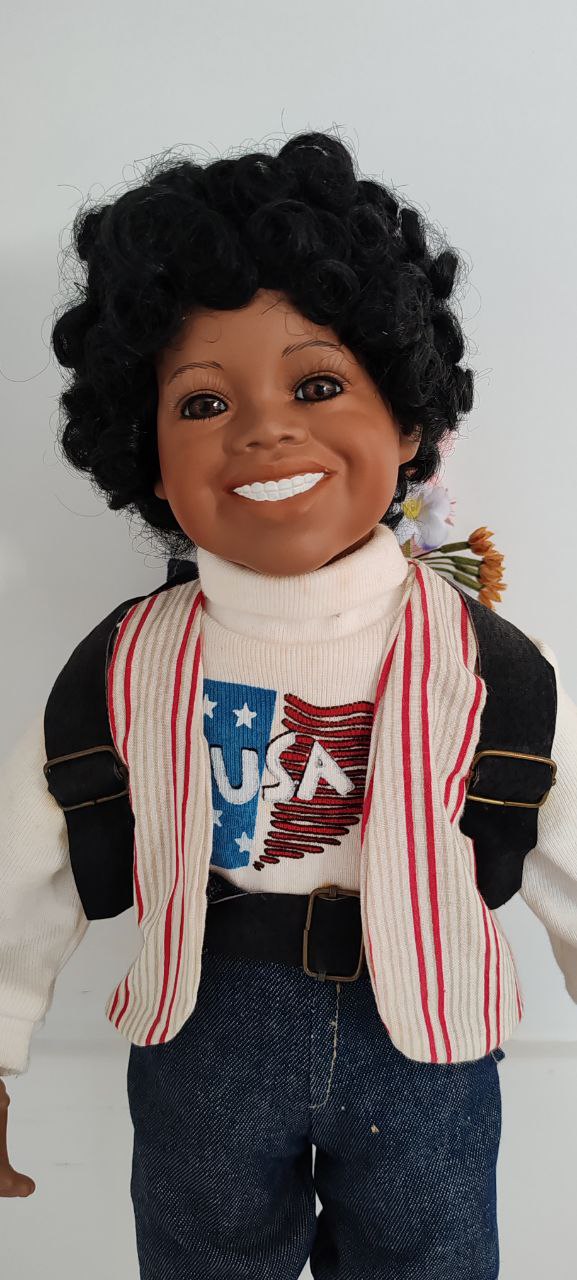 Porcelain Boy Doll with Backpack & Denim Outfit – 44 cm