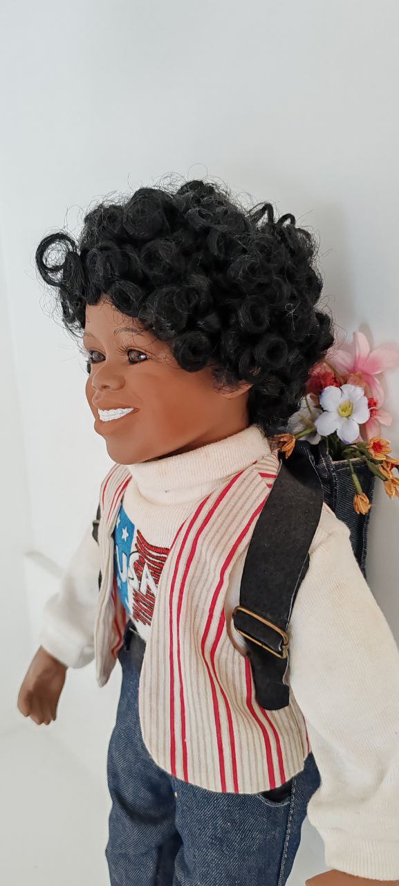 Porcelain Boy Doll with Backpack & Denim Outfit – 44 cm