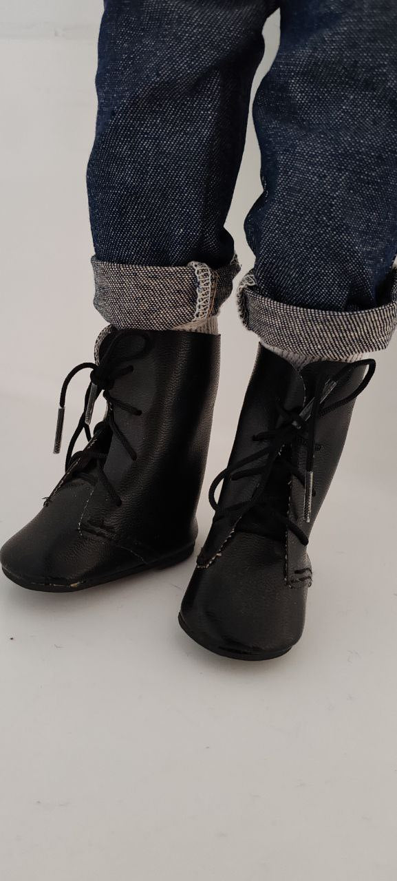 Porcelain Boy Doll with Backpack & Denim Outfit – 44 cm