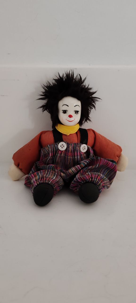 Porcelain-Faced Clown Doll with Fabric Body – 18 cm