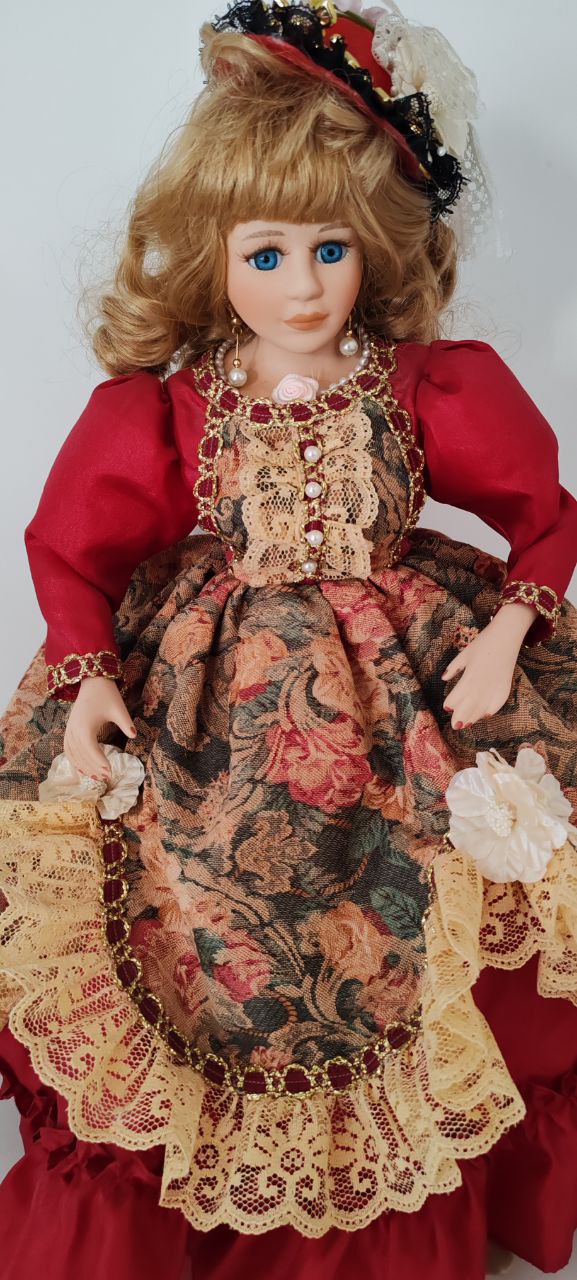 Royal-Inspired Porcelain Doll in Red Floral Dress – 43 cm