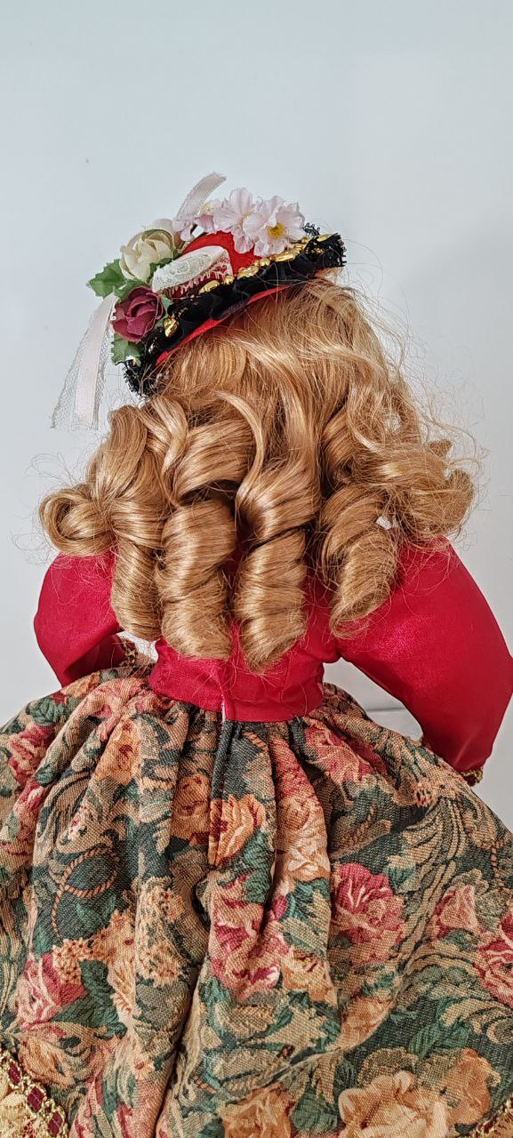 Royal-Inspired Porcelain Doll in Red Floral Dress – 43 cm
