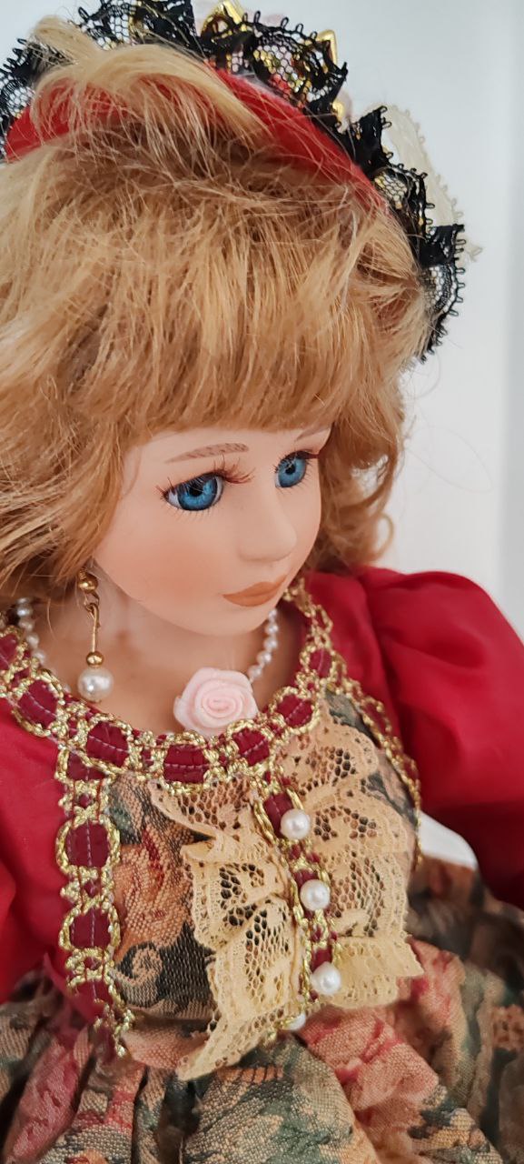 Royal-Inspired Porcelain Doll in Red Floral Dress – 43 cm