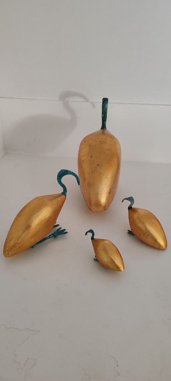 Handcrafted Gilded Wood Ibis Bird Sculptures – Set of 4