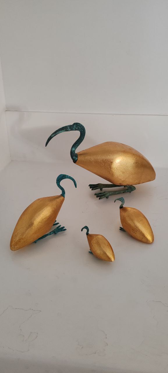 Handcrafted Gilded Wood Ibis Bird Sculptures – Set of 4