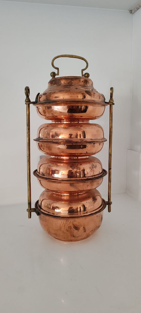 Vintage 4-Tier Copper Tiffin Carrier with Brass Handle and Lock