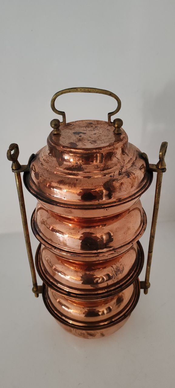 Vintage 4-Tier Copper Tiffin Carrier with Brass Handle and Lock