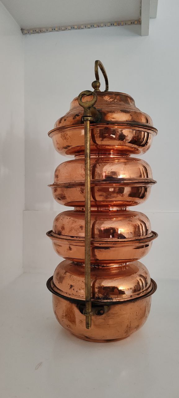 Vintage 4-Tier Copper Tiffin Carrier with Brass Handle and Lock