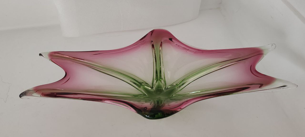 Vintage Murano Art Glass Centerpiece – Pink & Green – Starburst Design – Hand-Blown