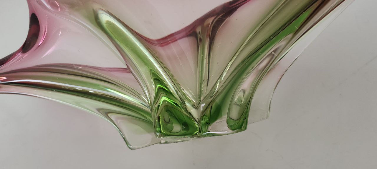 Vintage Murano Art Glass Centerpiece – Pink & Green – Starburst Design – Hand-Blown