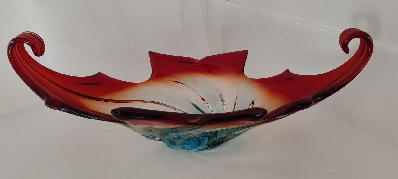 Murano Style Hand-Blown Swirl Bowl – Red, Amber & Blue Glass Sculpture – Large Decorative Centerpiece