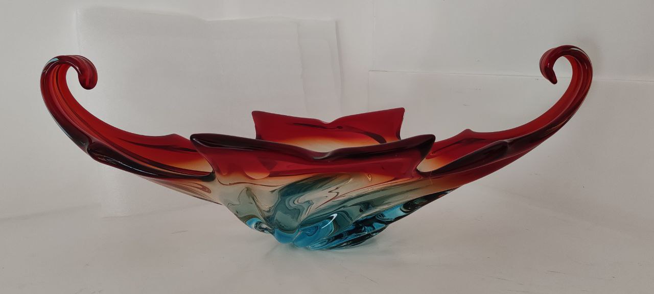 Murano Style Hand-Blown Swirl Bowl – Red, Amber & Blue Glass Sculpture – Large Decorative Centerpiece