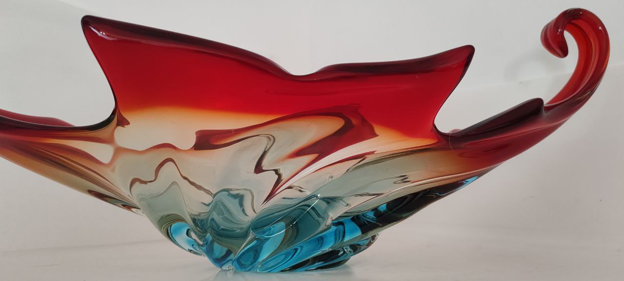 Murano Style Hand-Blown Swirl Bowl – Red, Amber & Blue Glass Sculpture – Large Decorative Centerpiece