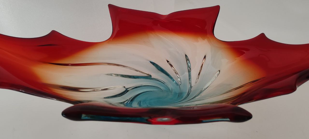 Murano Style Hand-Blown Swirl Bowl – Red, Amber & Blue Glass Sculpture – Large Decorative Centerpiece